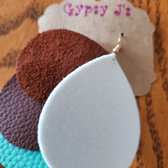 Genuine Leather Brown & Aqua Teardrop Earrings - Picture 2 of 2